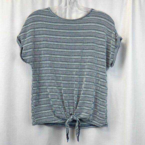 Caution to the Wind Cuffed Short Sleeve Top Knotted Front Teal/White Geometric S - Picture 1 of 8